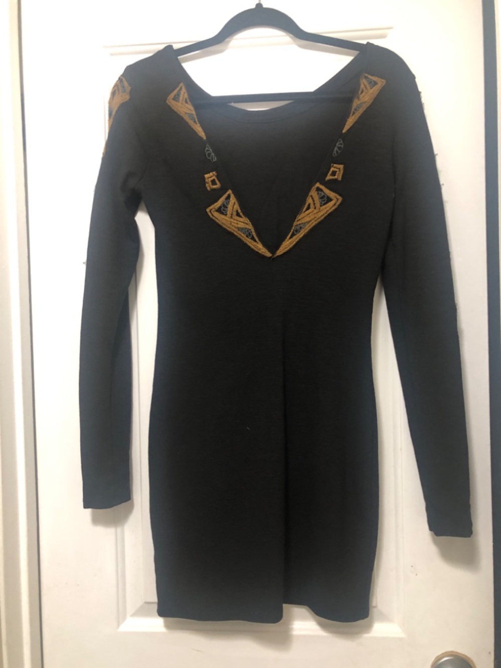 Free People Art Deco geometric Aztec embroidered bodycon long sleeve mini dres S - Picture 7 of 9